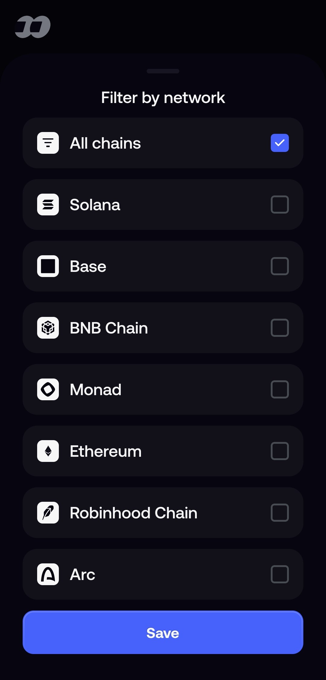 Fomo In-App 7-Chain Network Filter Interface